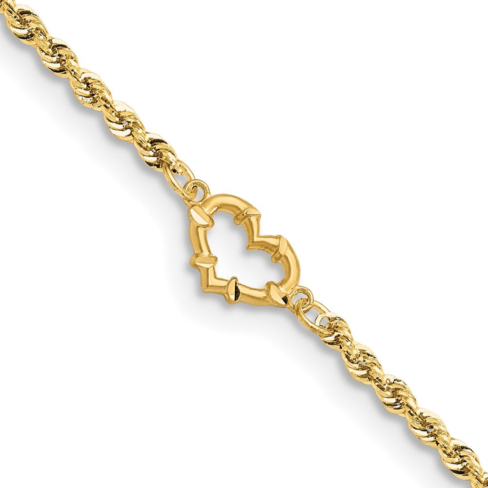 Tobillera de 14K Oro Amarillo con Corazones Abiertos de Corte Diamante y Cadena Tipo Cuerda de 9 Pulgadas