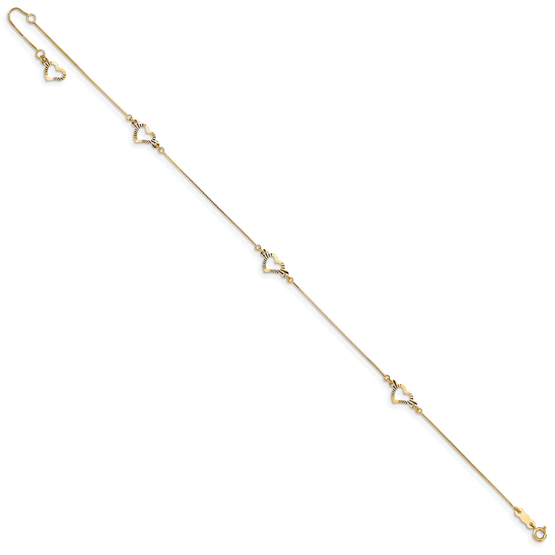 Tobillera con Corazón Tallado en Diamante en Oro Amarillo de 14K de 9 Pulgadas + Extensión de 1 Pulgada