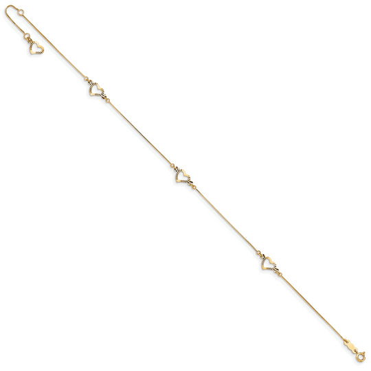 Tobillera con Corazón Tallado en Diamante en Oro Amarillo de 14K de 9 Pulgadas + Extensión de 1 Pulgada