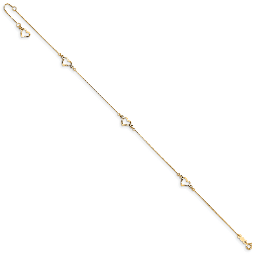 Tobillera con Corazón Tallado en Diamante en Oro Amarillo de 14K de 9 Pulgadas + Extensión de 1 Pulgada