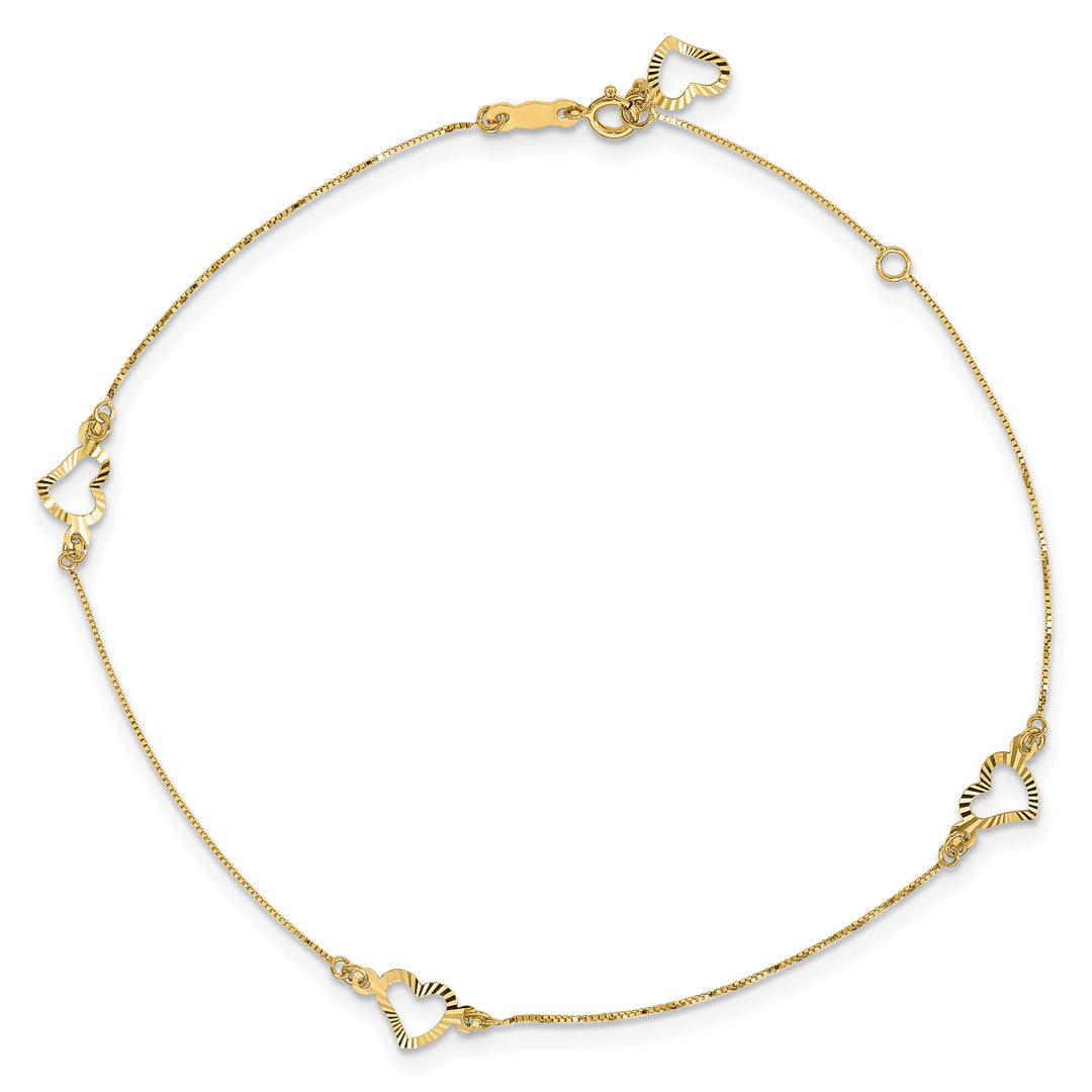 Tobillera con Corazón Tallado en Diamante en Oro Amarillo de 14K de 9 Pulgadas + Extensión de 1 Pulgada