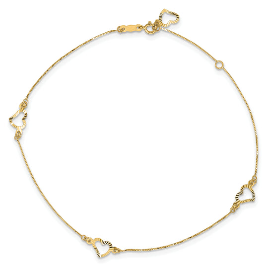 Tobillera con Corazón Tallado en Diamante en Oro Amarillo de 14K de 9 Pulgadas + Extensión de 1 Pulgada