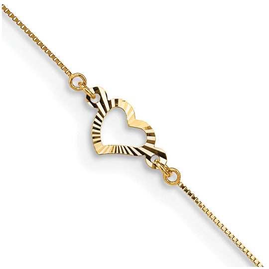 Tobillera con Corazón Tallado en Diamante en Oro Amarillo de 14K de 9 Pulgadas + Extensión de 1 Pulgada