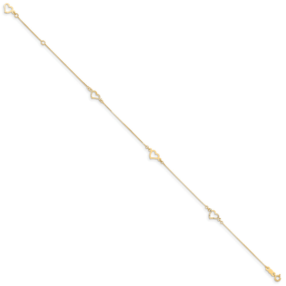 Tobillera de Oro Amarillo 14K con Corazones Elegantes de 10 Pulgadas + 1 Pulgada de Extensión
