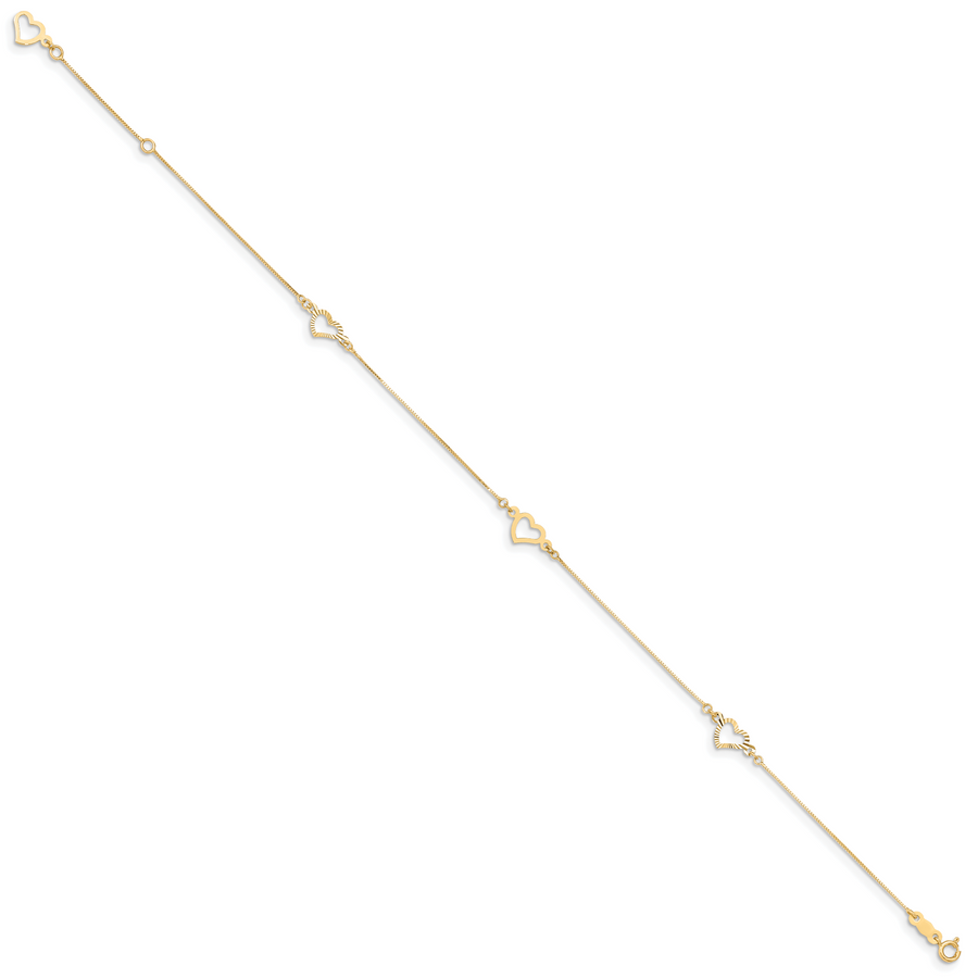 Tobillera de Oro Amarillo 14K con Corazones Elegantes de 10 Pulgadas + 1 Pulgada de Extensión