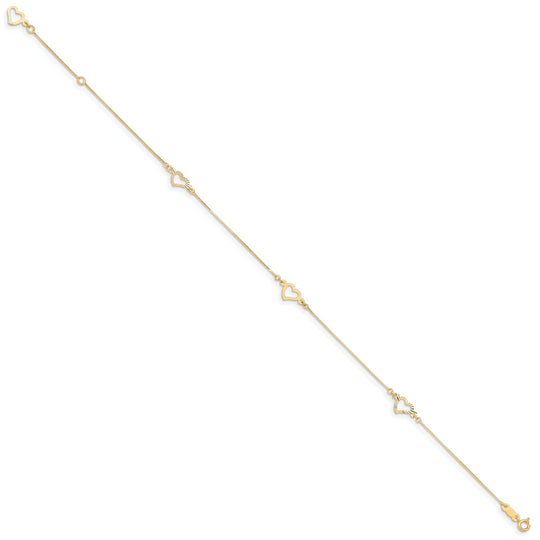 Tobillera Ajustable con Corazón en Oro Amarillo de 14K de 9 Pulgadas + Extensión de 1 Pulgada