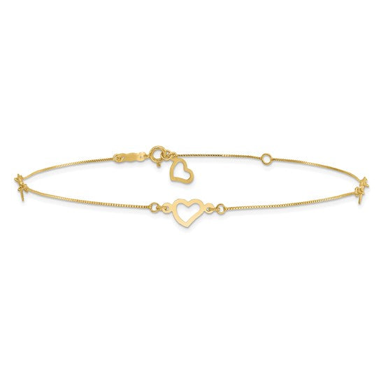 Tobillera de Oro Amarillo 14K con Corazones Elegantes de 10 Pulgadas + 1 Pulgada de Extensión