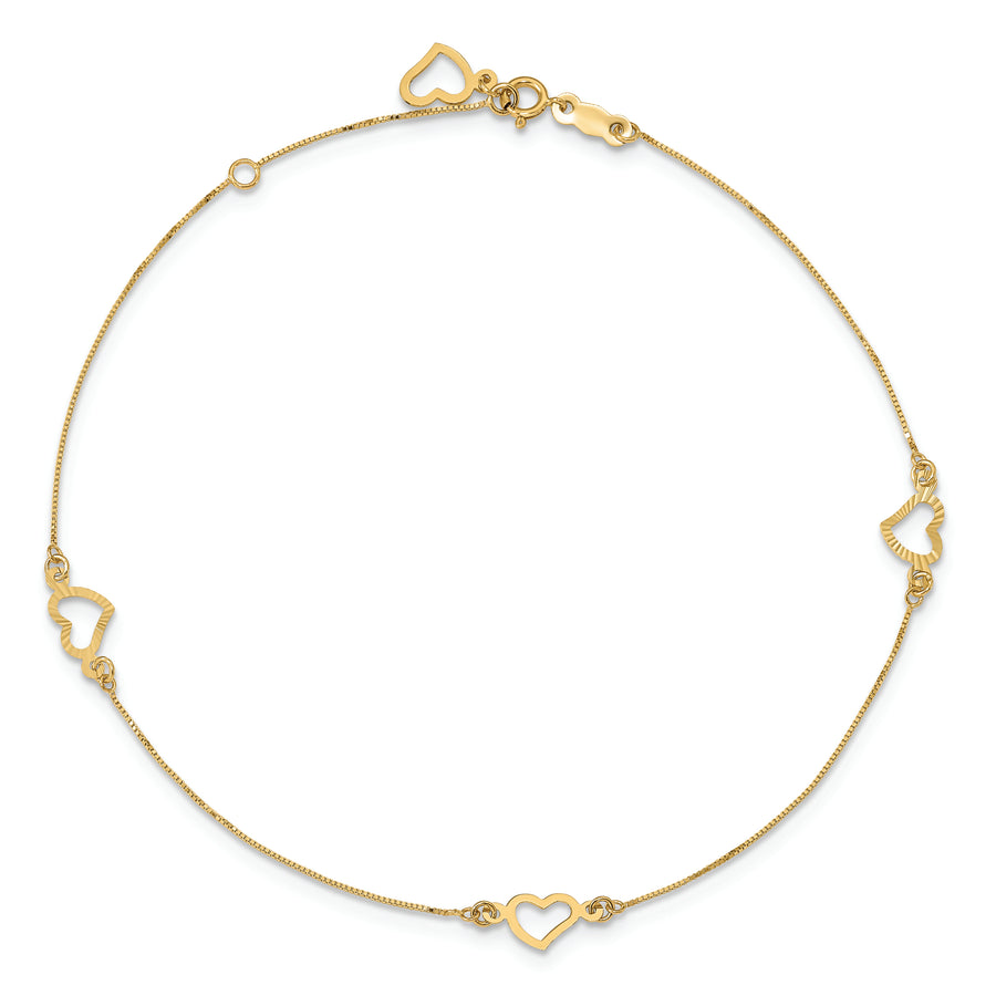 Tobillera de Oro Amarillo 14K con Corazones Elegantes de 10 Pulgadas + 1 Pulgada de Extensión