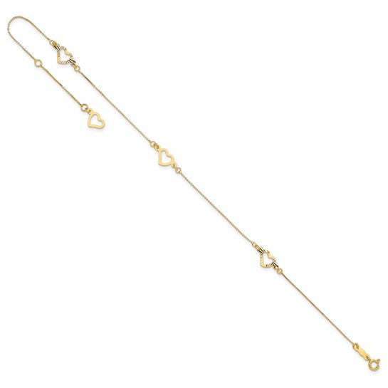 Tobillera Ajustable con Corazón en Oro Amarillo de 14K de 9 Pulgadas + Extensión de 1 Pulgada
