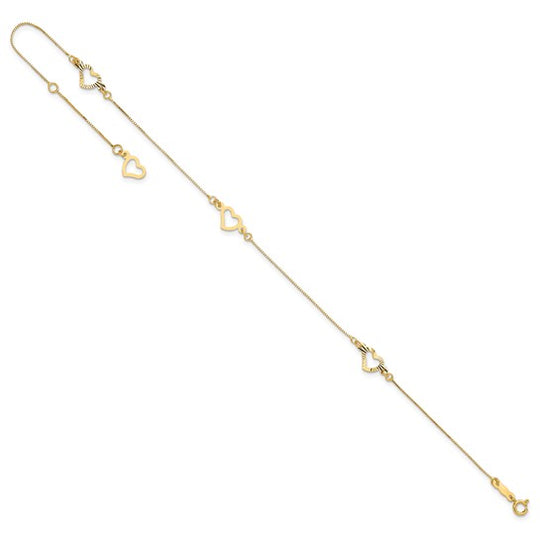 Tobillera Ajustable con Corazón en Oro Amarillo de 14K de 9 Pulgadas + Extensión de 1 Pulgada