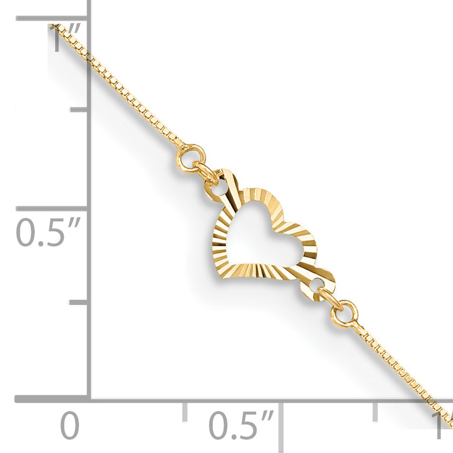 Tobillera de Oro Amarillo 14K con Corazones Elegantes de 10 Pulgadas + 1 Pulgada de Extensión