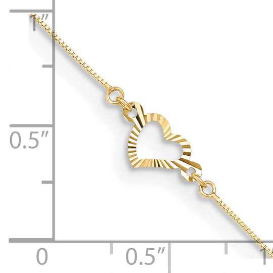 Tobillera Ajustable con Corazón en Oro Amarillo de 14K de 9 Pulgadas + Extensión de 1 Pulgada