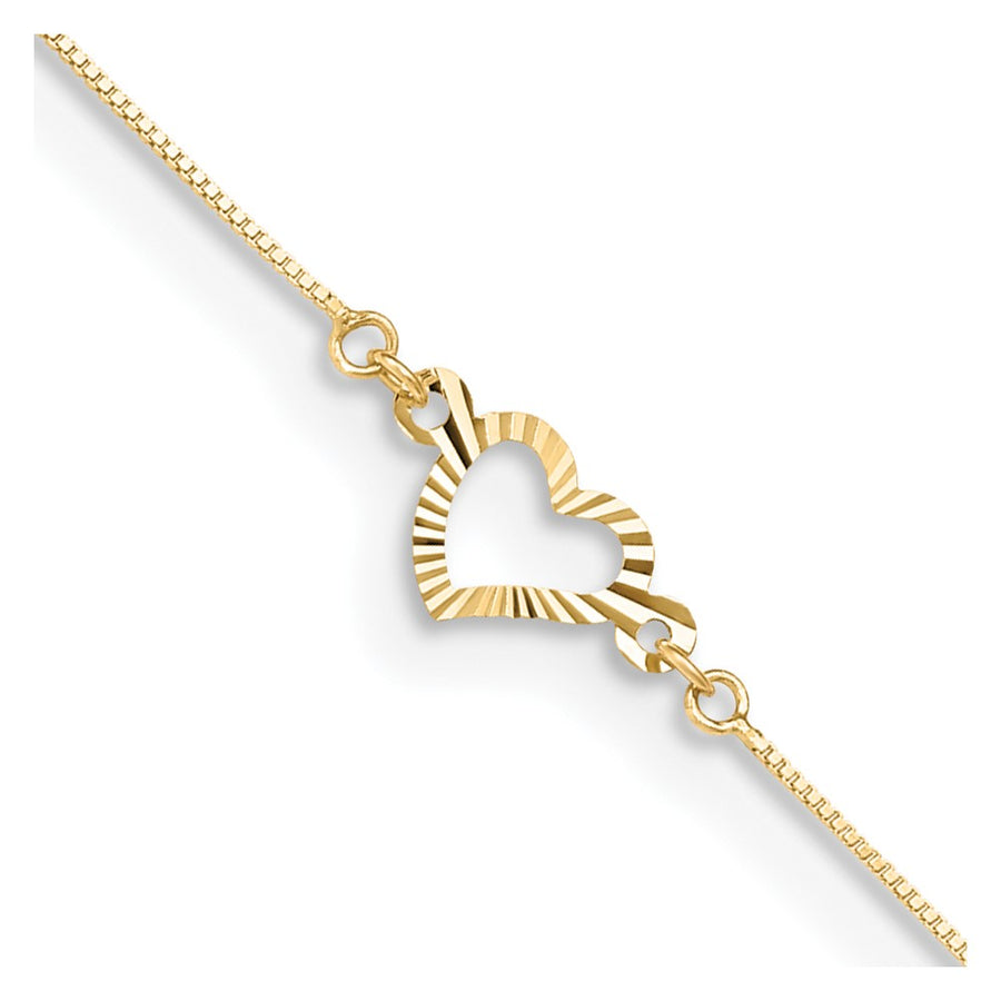 Tobillera de Oro Amarillo 14K con Corazones Elegantes de 10 Pulgadas + 1 Pulgada de Extensión