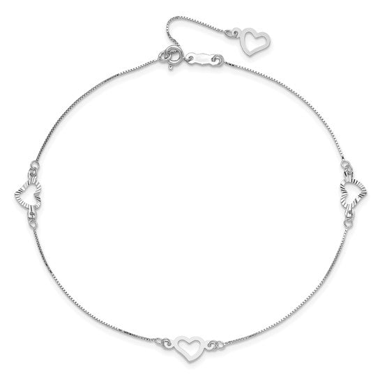 Tobillera de Oro Blanco de 14K con Corazón Fantasía de 9 pulgadas más 1 Pulgada de Extensión