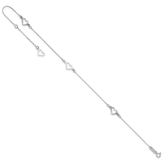Tobillera de Oro Blanco de 14K con Cadena de Cuerda Hueca Cortada en Diamante y Corazón de 9 Pulgadas