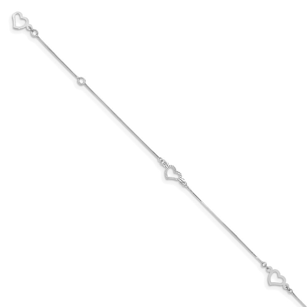 Tobillera de Oro Blanco de 14K con Corazón Fantasía de 9 pulgadas más 1 Pulgada de Extensión