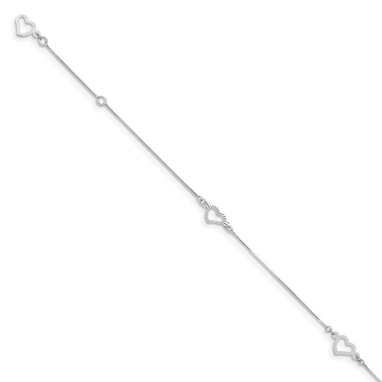 Tobillera de Oro Blanco de 14K con Corazón Fantasía de 9 pulgadas más 1 Pulgada de Extensión