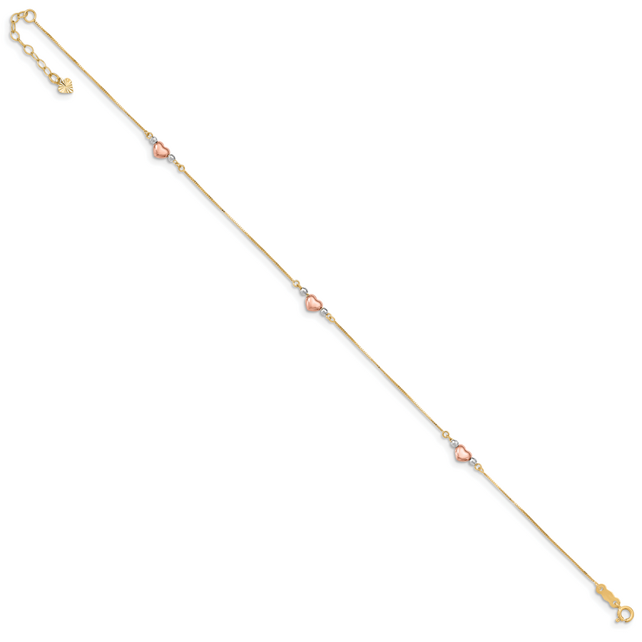 Tobillera 14K Tri-Color Corazón Inflado de 9 Pulgadas + 1 Pulgada de Extensión