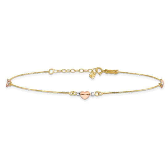 Tobillera 14K Tri-Color Corazón Inflado de 9 Pulgadas + 1 Pulgada de Extensión