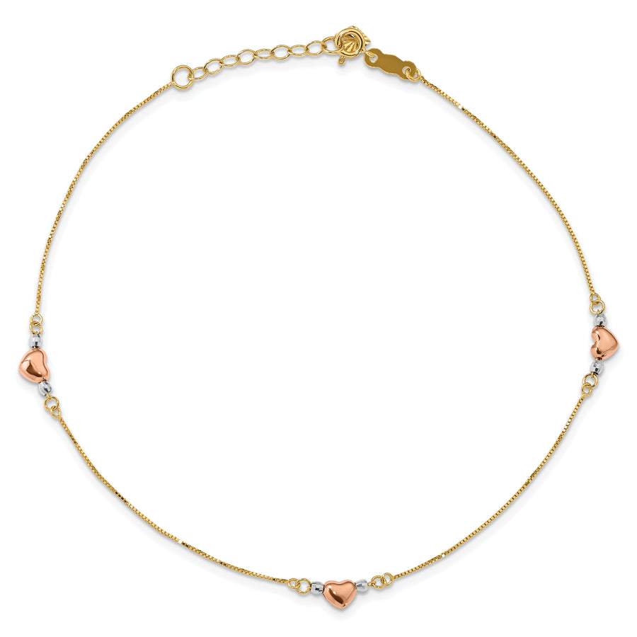Tobillera 14K Tri-Color Corazón Inflado de 9 Pulgadas + 1 Pulgada de Extensión