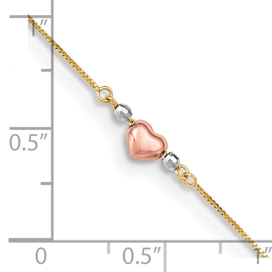 Tobillera 14K Tri-Color Corazón Inflado de 9 Pulgadas + 1 Pulgada de Extensión