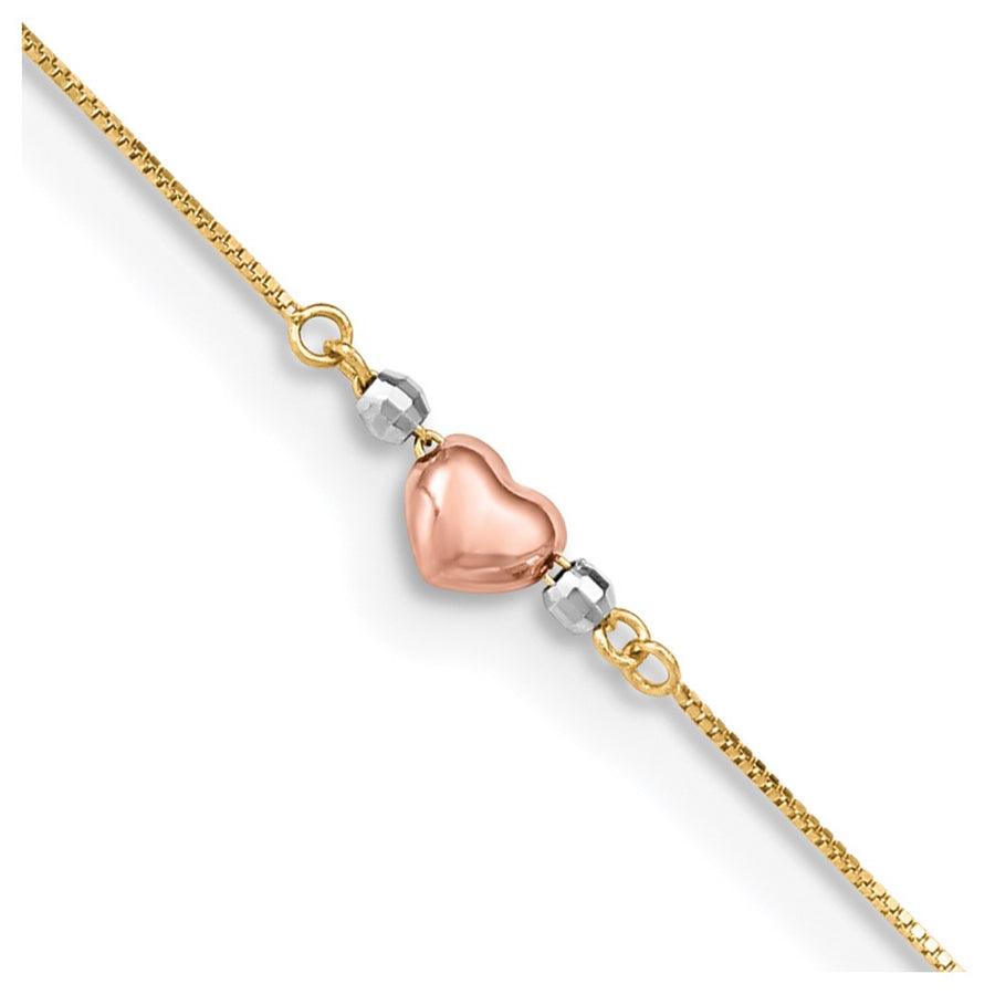 Tobillera 14K Tri-Color Corazón Inflado de 9 Pulgadas + 1 Pulgada de Extensión