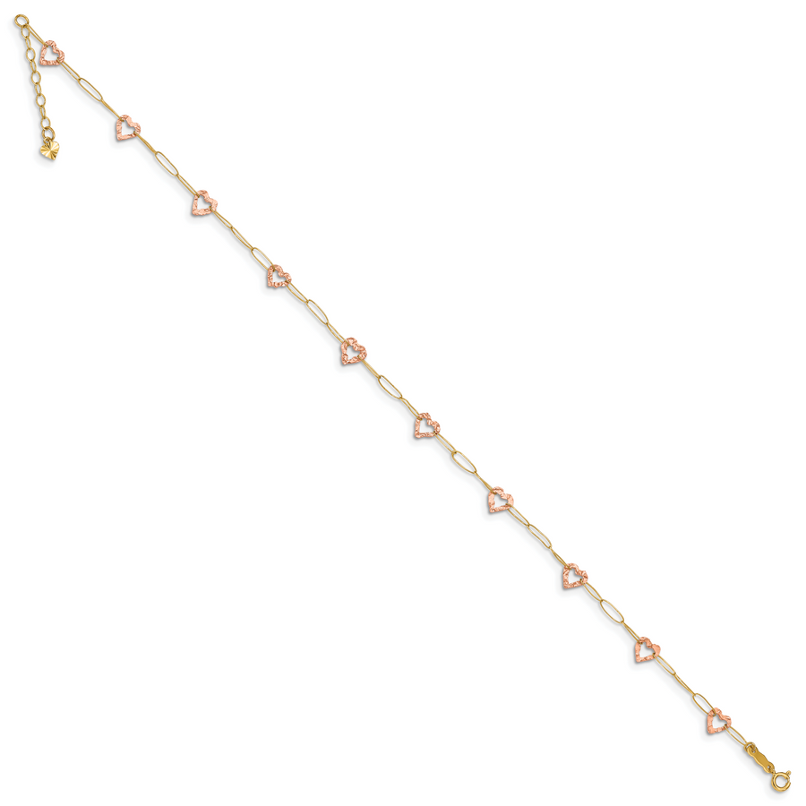 Tobillera Ajustable con Corazón en Oro de Dos Tonos de 14K de 9 Pulgadas + Extensión de 1 Pulgada
