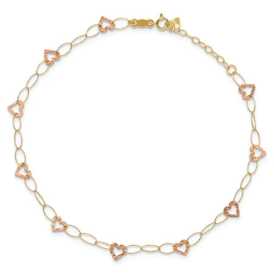 Tobillera Ajustable con Corazón en Oro de Dos Tonos de 14K de 9 Pulgadas + Extensión de 1 Pulgada
