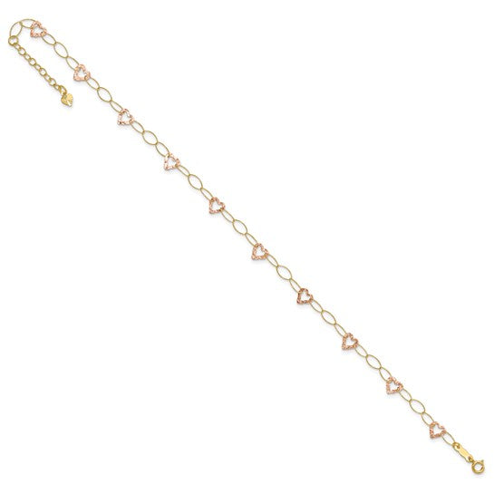 Tobillera Ajustable con Corazón en Oro de Dos Tonos de 14K de 9 Pulgadas + Extensión de 1 Pulgada