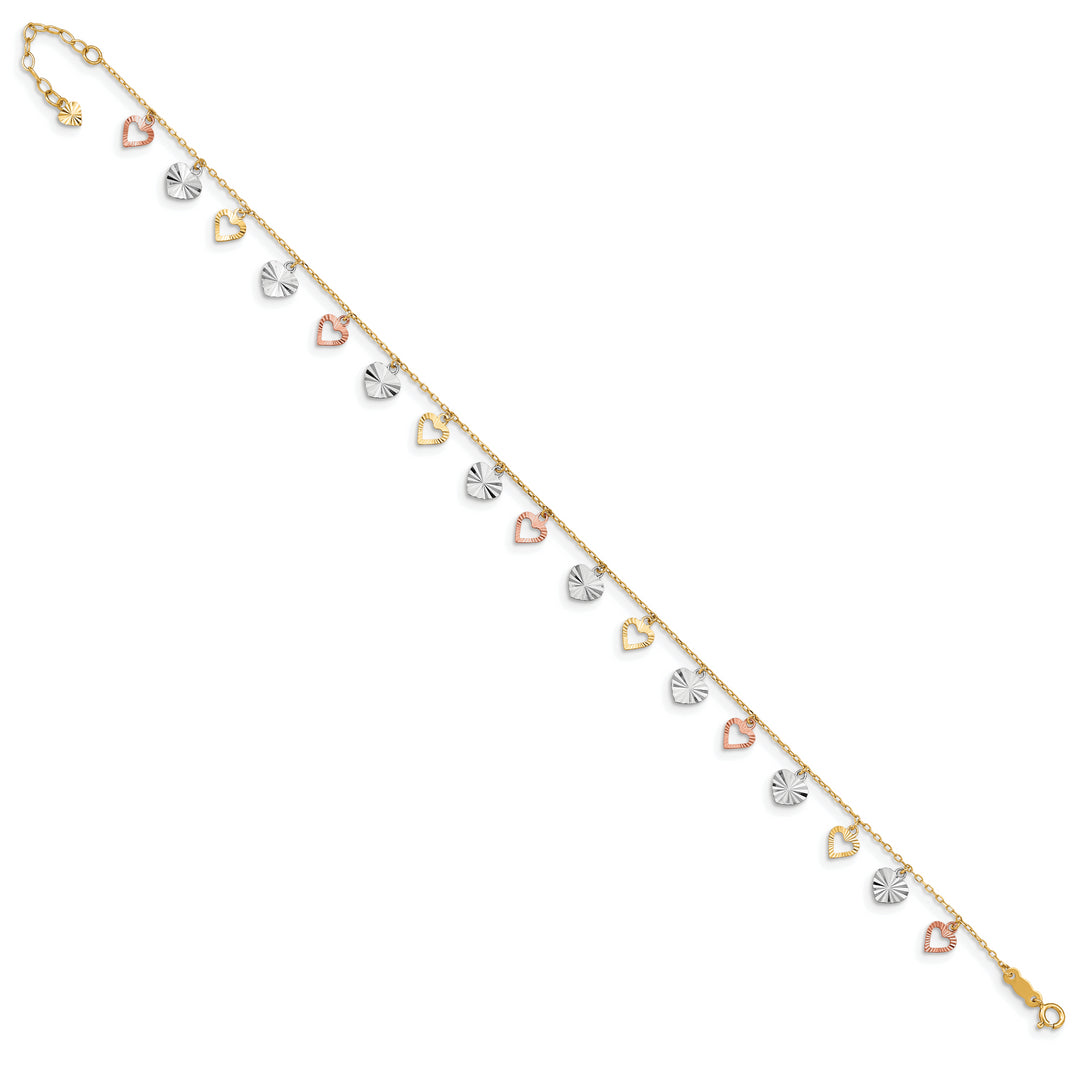 Tobillera de 14K Tri-Color con Corazones de 9 Pulgadas más 1 Pulgada de Extensión