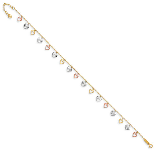 Tobillera de 14K Tri-Color con Corazones de 9 Pulgadas más 1 Pulgada de Extensión