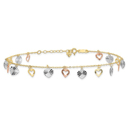 Tobillera de 14K Tri-Color con Corazones de 9 Pulgadas más 1 Pulgada de Extensión