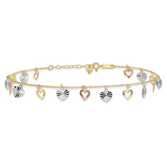 Tobillera de 14K Tri-Color con Corazones de 9 Pulgadas más 1 Pulgada de Extensión