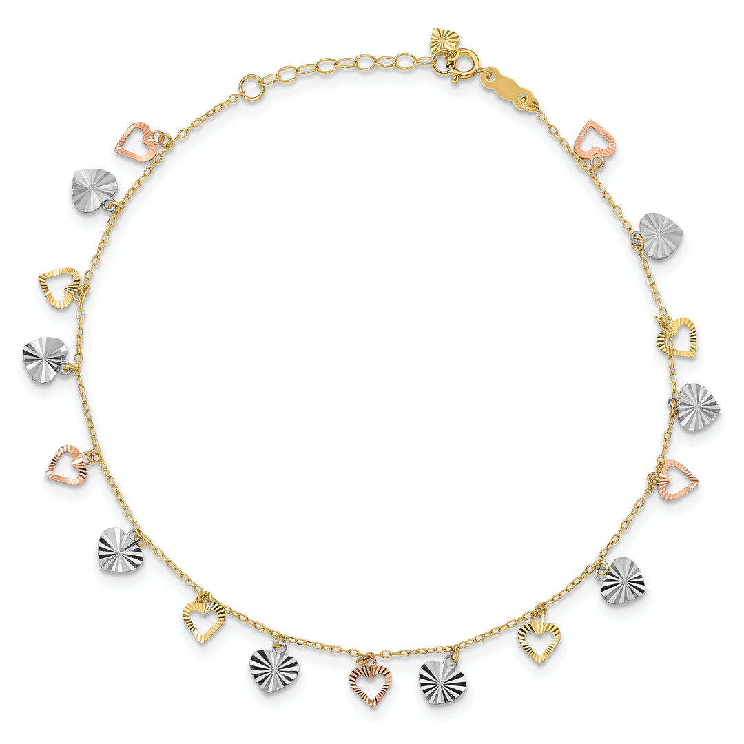 Tobillera de 14K Tri-Color con Corazones de 9 Pulgadas más 1 Pulgada de Extensión