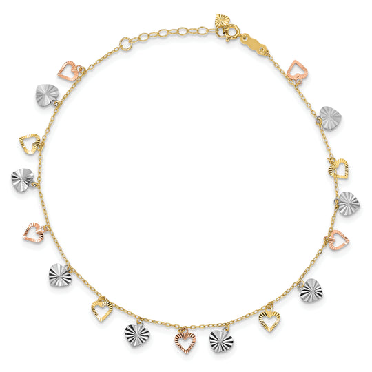 Tobillera de 14K Tri-Color con Corazones de 9 Pulgadas más 1 Pulgada de Extensión