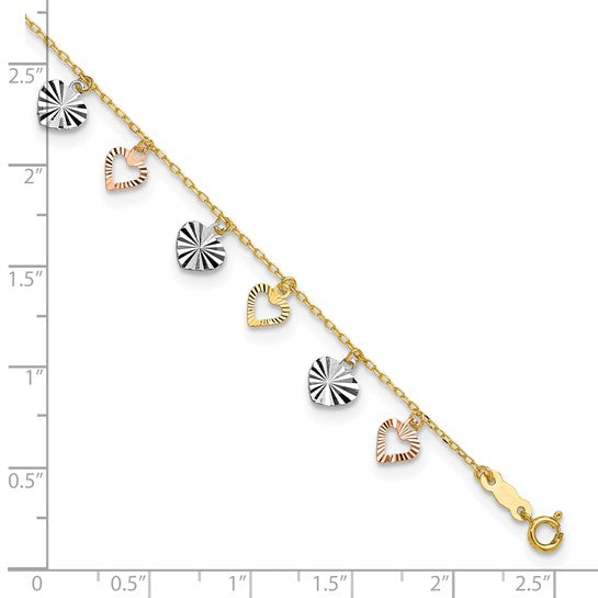 Tobillera de 14K Tri-Color con Corazones de 9 Pulgadas más 1 Pulgada de Extensión