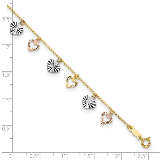 Tobillera de 14K Tri-Color con Corazones de 9 Pulgadas más 1 Pulgada de Extensión