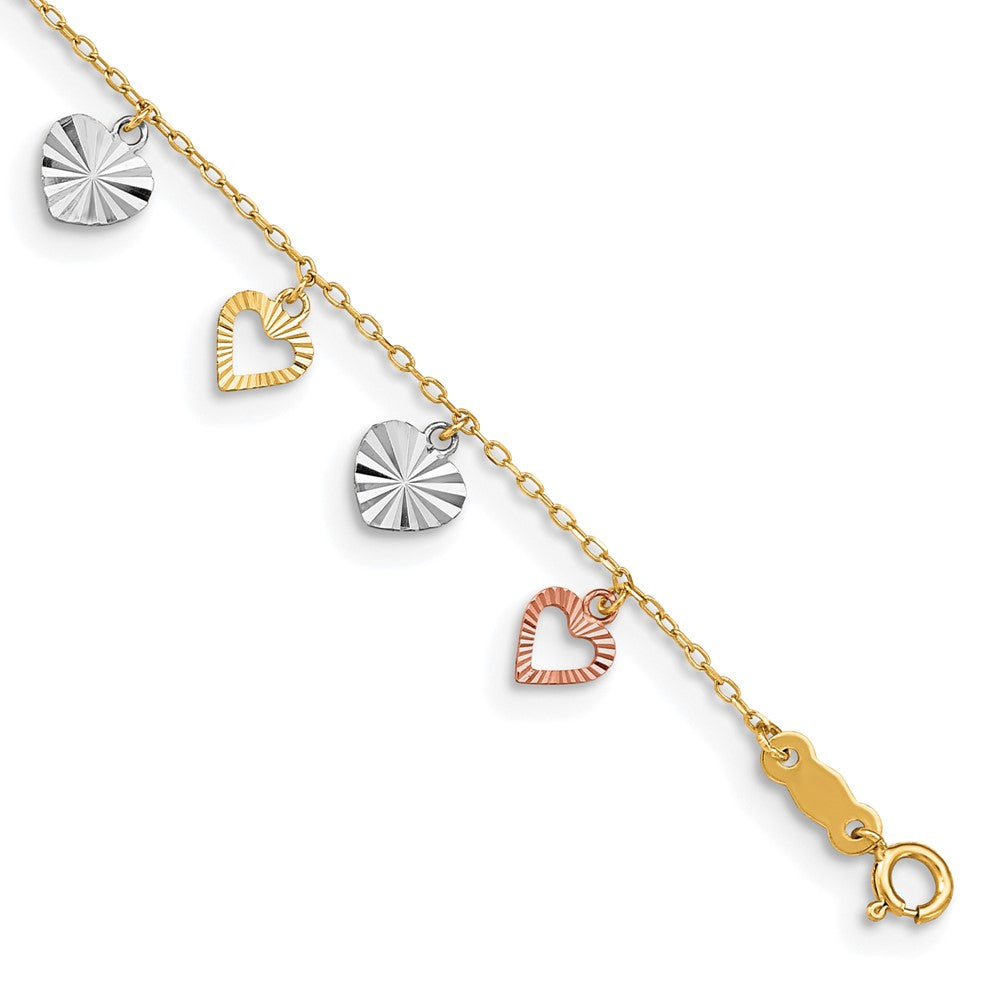 Tobillera de 14K Tri-Color con Corazones de 9 Pulgadas más 1 Pulgada de Extensión