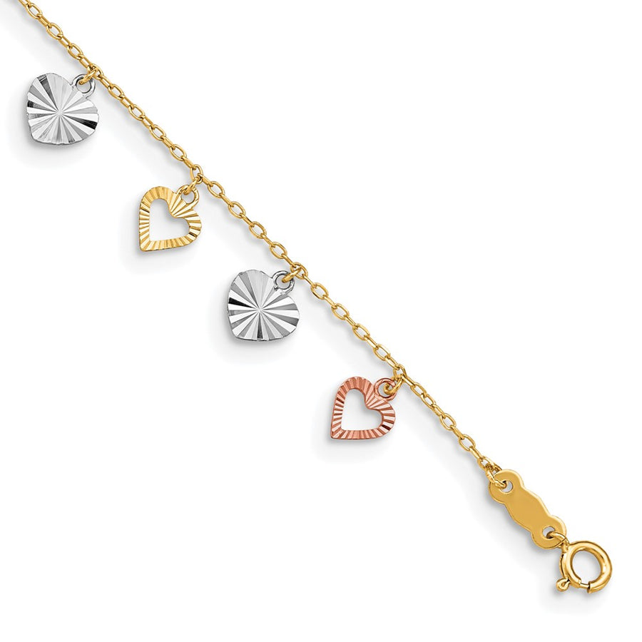 Tobillera de 14K Tri-Color con Corazones de 9 Pulgadas más 1 Pulgada de Extensión