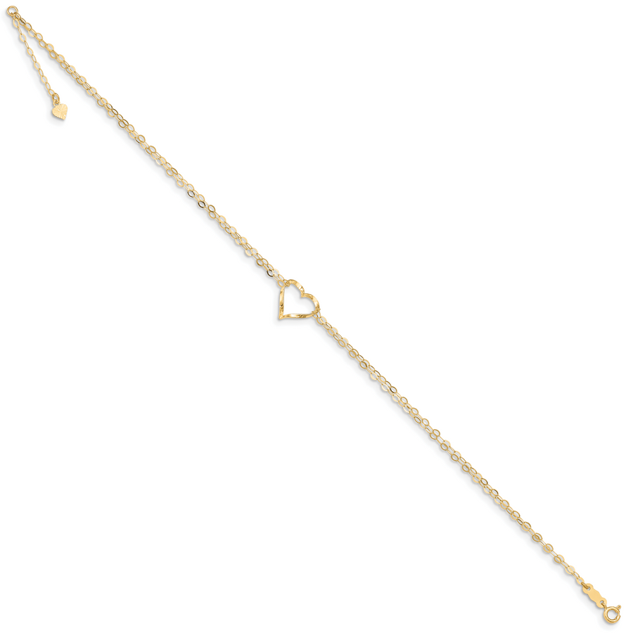 Tobillera de Oro Amarillo de 14K de 10 Pulgadas con Doble Cadena y Corazón, más Extensor de 1 Pulgada