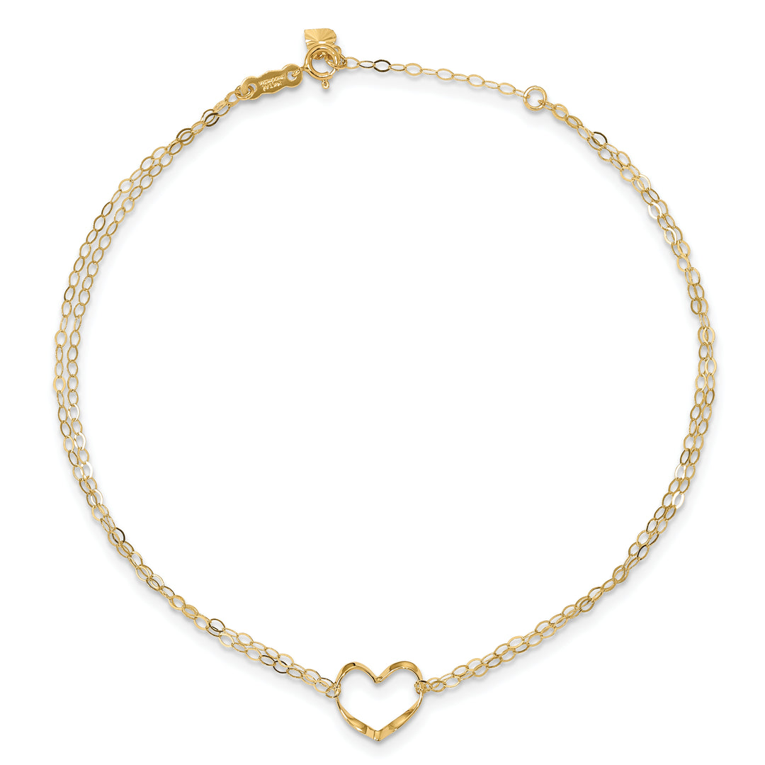 Tobillera de Oro Amarillo de 14K de 10 pulgadas con Doble Cadena y Corazón, más Extensor de 1 Pulgada