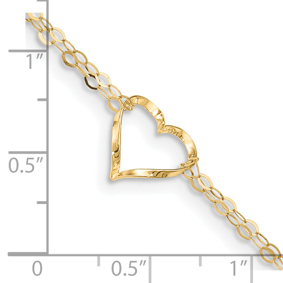 Tobillera de Oro Amarillo de 14K de 10 Pulgadas con Doble Cadena y Corazón, más Extensor de 1 Pulgada