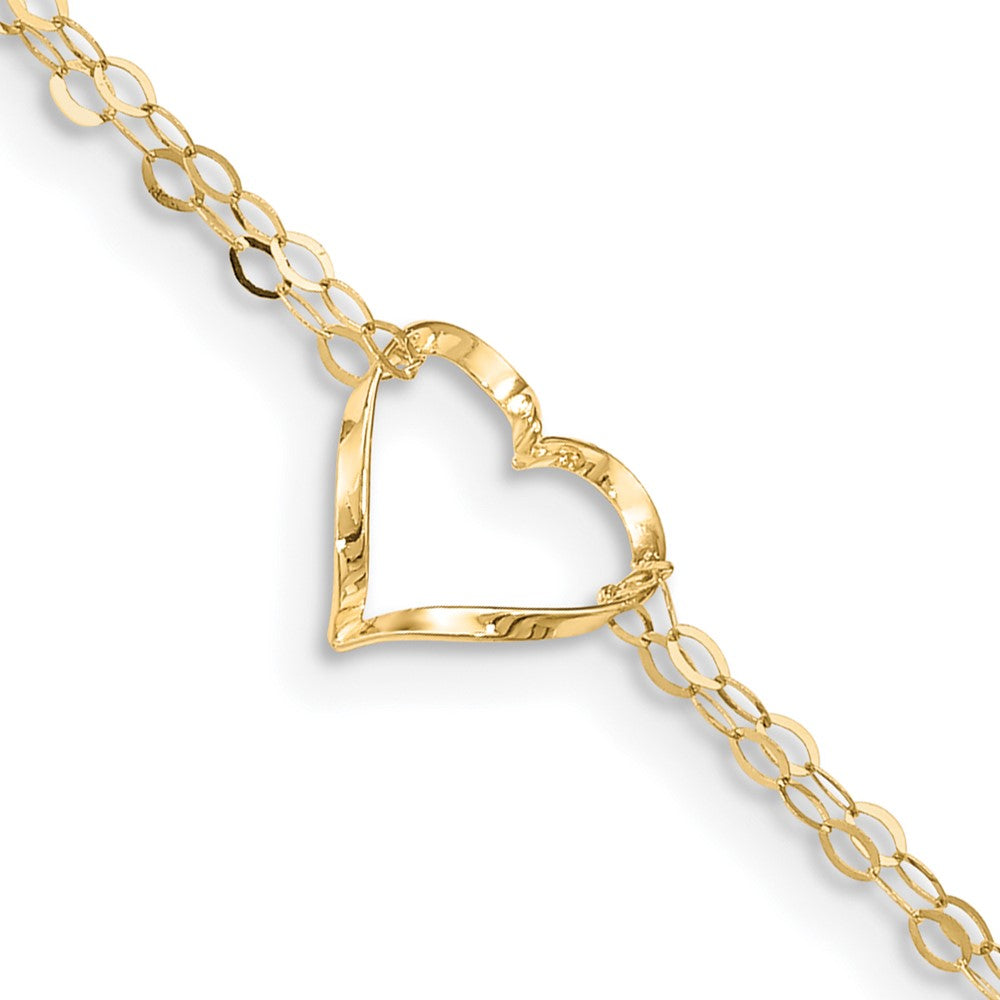 Tobillera de Oro Amarillo de 14K de 10 pulgadas con Doble Cadena y Corazón, más Extensor de 1 Pulgada
