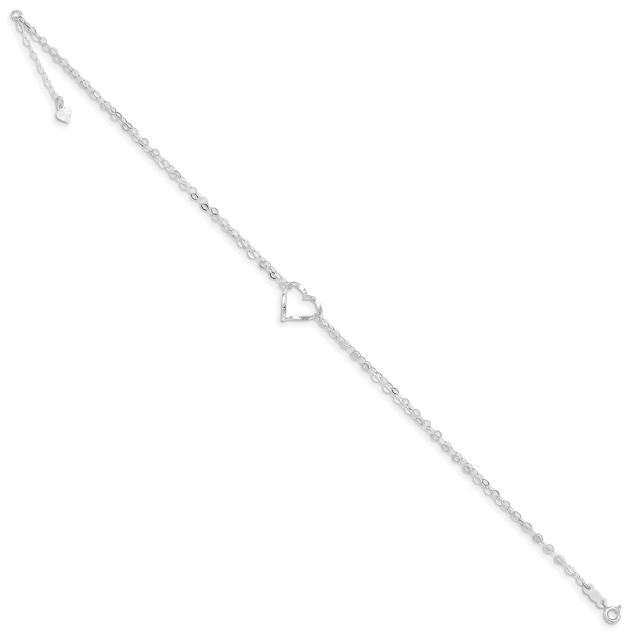 Tobillera de Oro Blanco 14K, Doble Cadena con Corazones, 9 Pulgadas + 1 Pulgada de Extensión