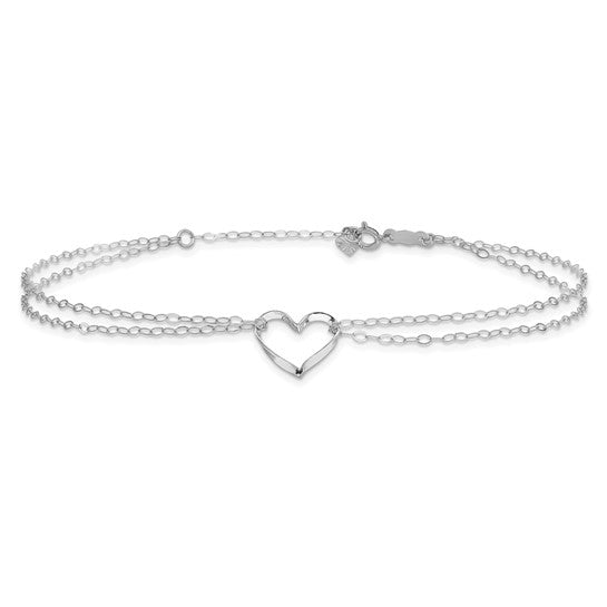 Tobillera de Oro Blanco 14K, Doble Cadena con Corazones, 9 Pulgadas + 1 Pulgada de Extensión