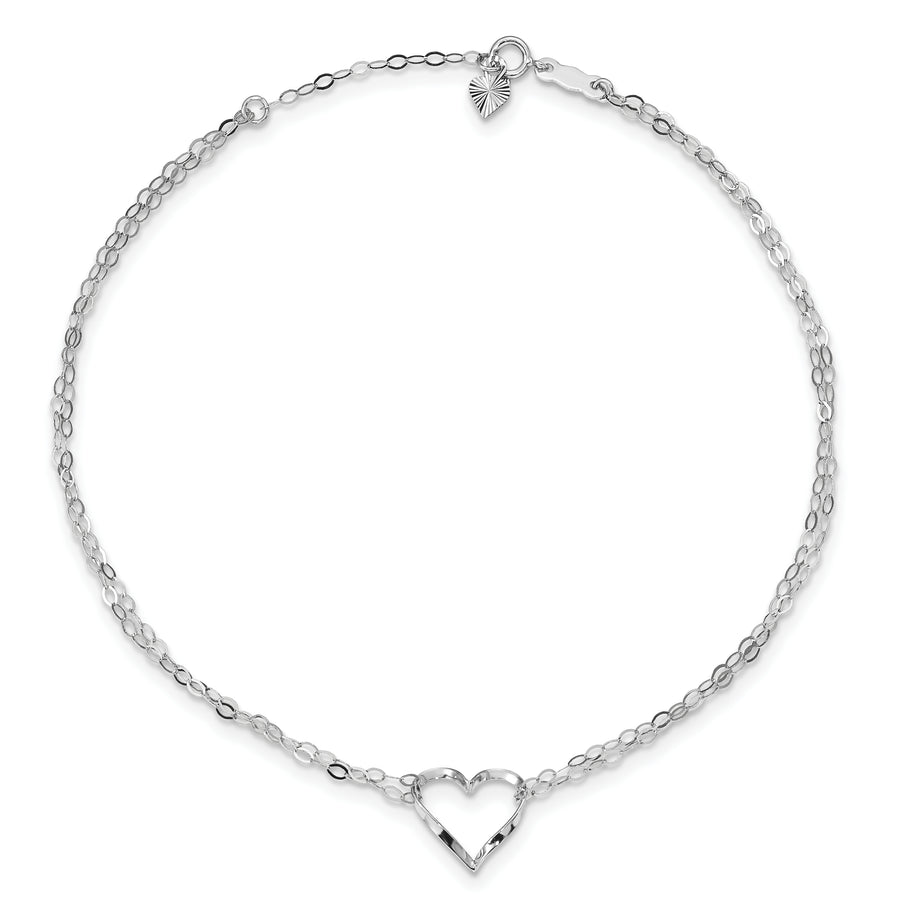 Tobillera de Oro Blanco 14K, Doble Cadena con Corazones, 9 Pulgadas + 1 Pulgada de Extensión