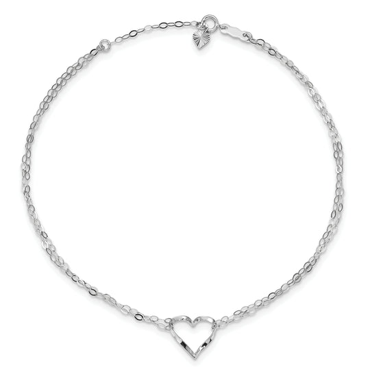 Tobillera de Oro Blanco de 14K con Corazones de Doble Hebra de 10 Pulgadas + Extensión de 1 Pulgada