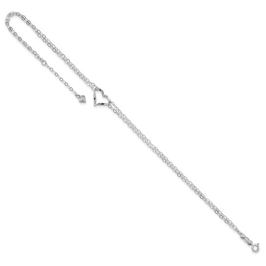 Tobillera de Oro Blanco de 14K con Corazones de Doble Hebra de 10 Pulgadas + Extensión de 1 Pulgada