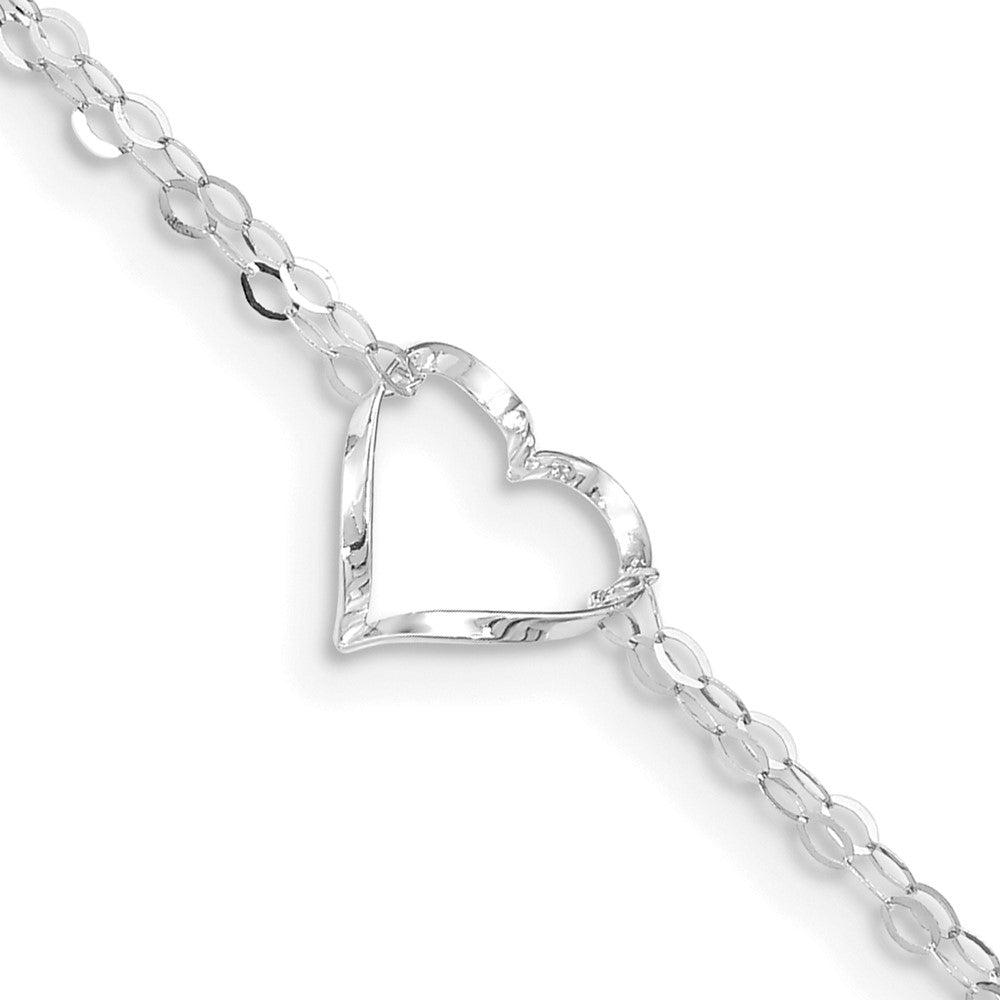 Tobillera de Oro Blanco de 14K con Corazones de Doble Hebra de 10 pulgadas + Extensión de 1 Pulgada