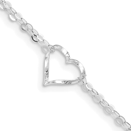 Tobillera de Oro Blanco de 14K con Corazones de Doble Hebra de 10 Pulgadas + Extensión de 1 Pulgada